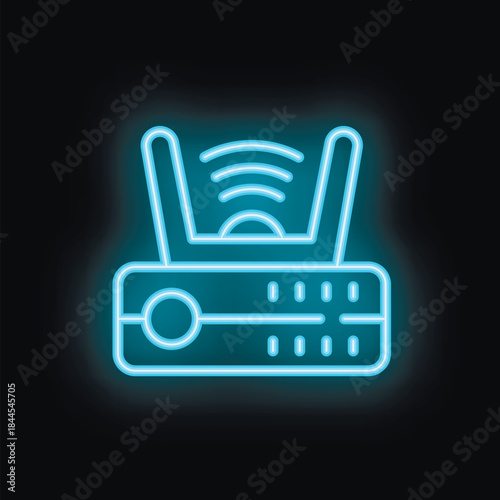 Neon router icon glowing with signal waves on black background