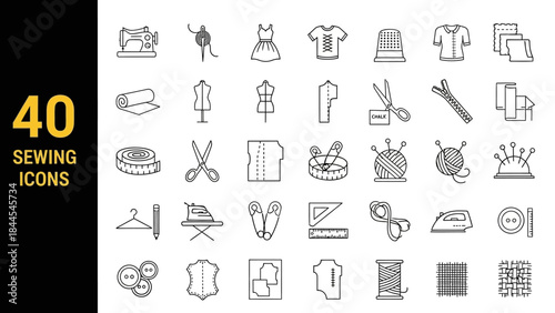 Collection of 40 sleek sewing icons displayed on a clean white background with simple black outlines
