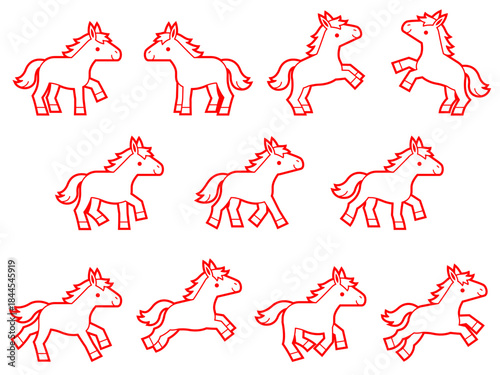 馬のキャラクターの赤い線画イラストセット