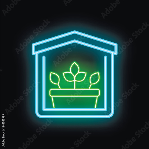 Bright neon icon of a greenhouse growing plants inside a home