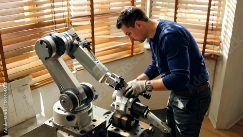 Engineer working on a robotic arm in a modern workshop.