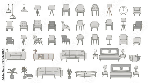 Minimalist line art illustration set of modern home furniture collection