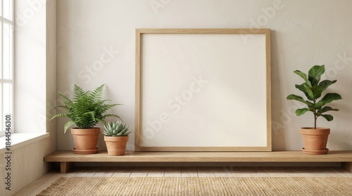 Minimalist Interior Scene with Wooden Frame and Potted Plants on a Shelf empty