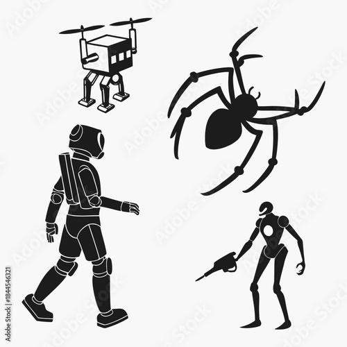 Four black robot and spider silhouettes on white drone