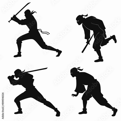 Four black ninja silhouettes in action poses on white