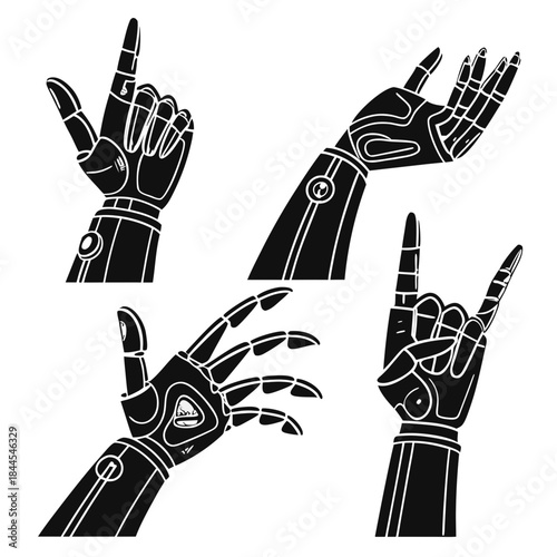 Four black robotic hand gestures in silhouette robot hand