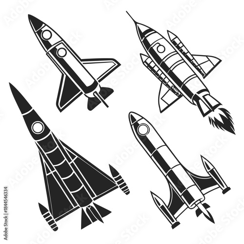 Four black rocket ship silhouettes in different angles