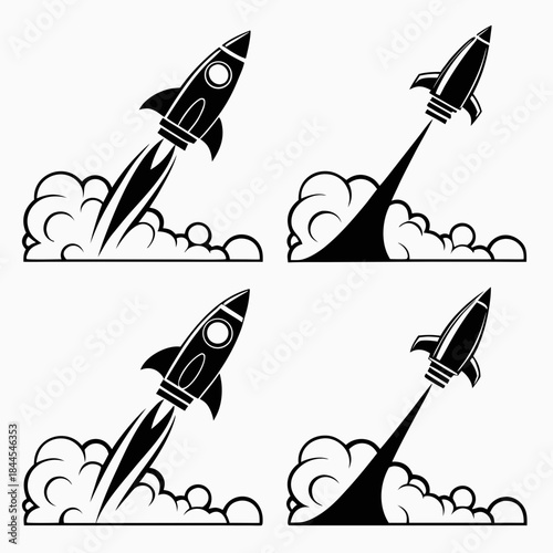 Four black rocket ship silhouettes launching with smoke