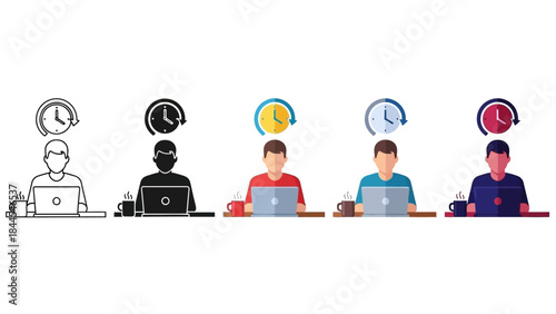 People working on laptops with time symbols around them in a modern workspace environment viewed from the front