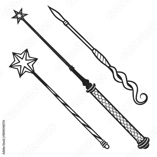 Four black silhouette magic wands on white background