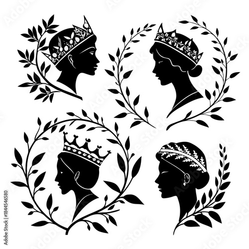 Four black silhouette profiles of women wearing crowns and laurel branches