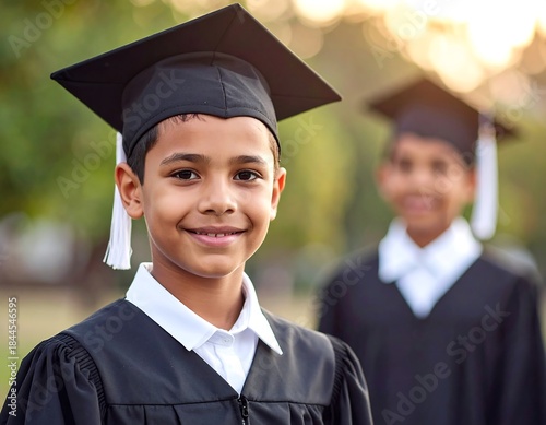 Two young children, smiling and in graduation robes, stand outdoors. One is in focus
