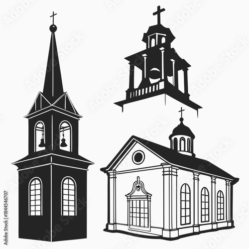 Four black silhouettes of christian church architecture elements