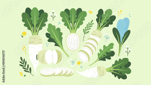 Fresh and Crisp Radishes with Bright Green Leaves and Decorative Elements