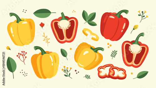 Colorful Collection of Bell Peppers with Fresh Green Leaves and Decorative