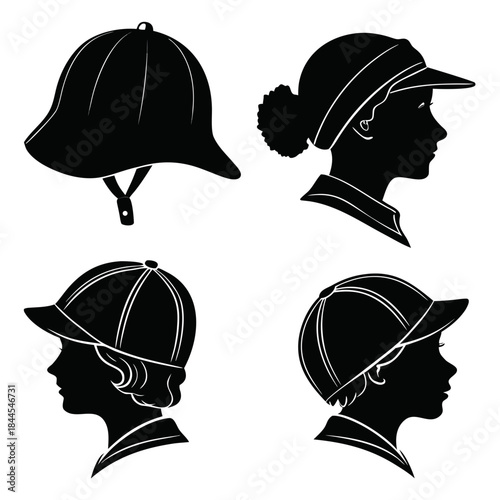Four Black Silhouettes of Headwear and Profiles helmet
