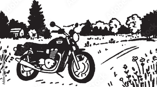Motorcycle in black silhouette against a scenic landscape. Simple vector illustration features rural field and trees, creating an uncluttered visual image.
