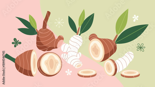 Stylized Illustration of Ginger Root with Green Leaves on a Soft Pastel