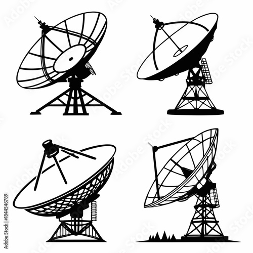 Four black silhouettes of satellite dishes on white background