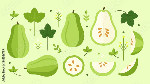 Vibrant Digital Illustration of Pears and Leaf Elements for Freshness Theme