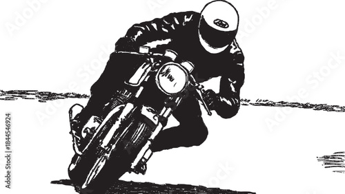 Motorcycle illustration featuring a biker in motion. The dynamic design is set in a monochrome style, emphasizing speed in a sleek vector format.