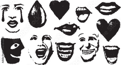 Collection of emotion icons in black and white. Abstract faces with various expressions in dry brush style vector illustration.