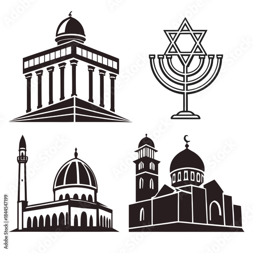 Four religious building silhouettes and menorah synagogue