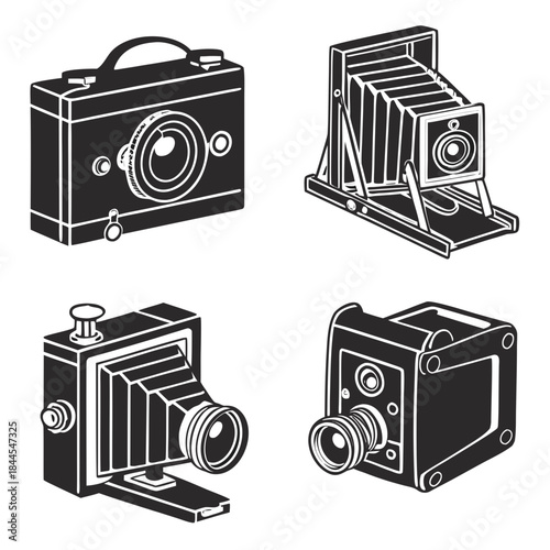 Four vintage camera silhouettes on white background 2