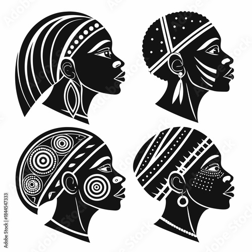 Four tribal woman face paint pattern silhouettes african