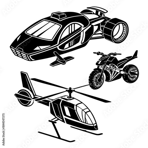 Futuristic helicopter motorcycle and hovercraft silhouettes