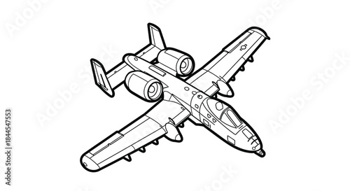 Detailed Line Art Illustration of A-10 Warthog Ground Attack Aircraft