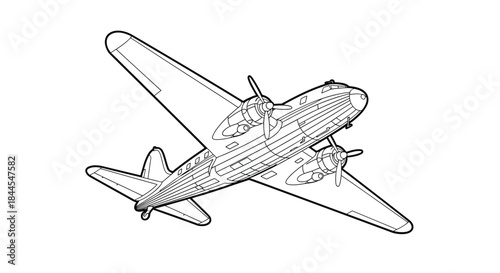 Vintage Propeller Airplane Outline Drawing Historical Transport Illustration Classic