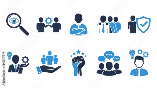 Professional icons representing business and technology concepts in a modern minimalist style