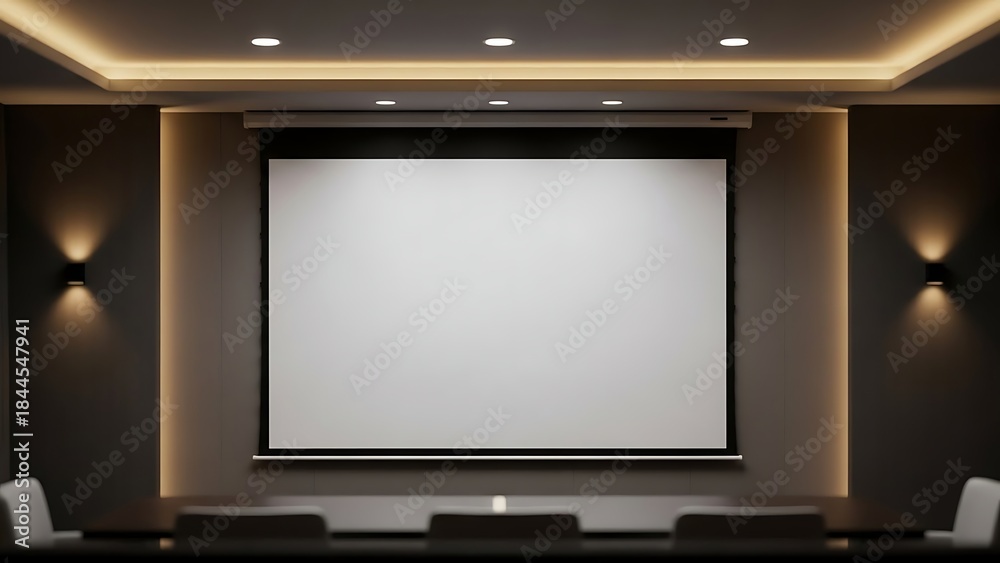 Fototapeta premium Modern Home Theater with Large Blank Projection Screen and Ambient Lighting.
