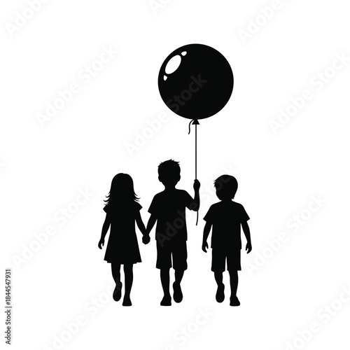 Three children silhouettes walking together holding hands with one child holding a balloon