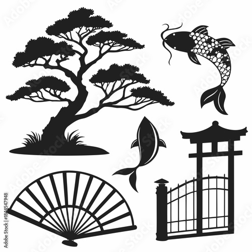 Japanese ink style silhouettes of bonsai tree koi fish fan and gate 1