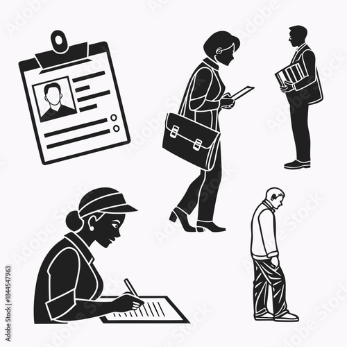 Job application and interview icons with silhouettes