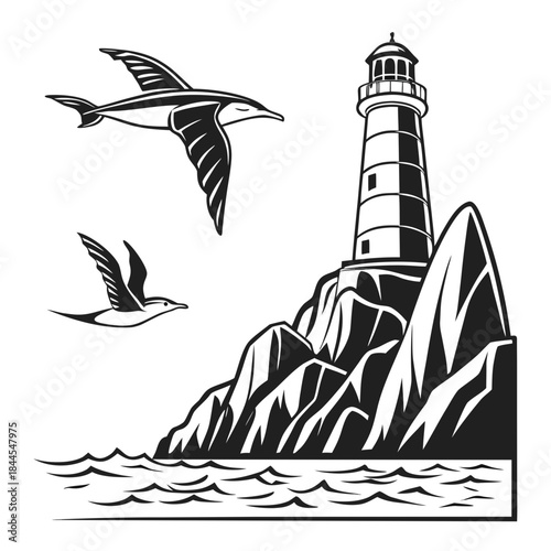 Lighthouse on rocky coast with flying seabirds and ocean waves