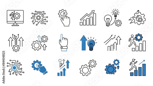 A collection of sleek business icons representing industry and technology concepts in a modern vector format