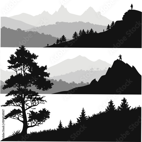 Mountain range and hilltop silhouettes with trees and a lone hiker