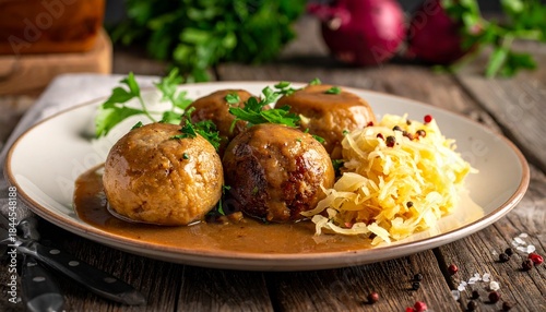 Herzhaft gebackene Leberknödel, serviert mit würzigem Sauerkraut und dunkler Bratensoße