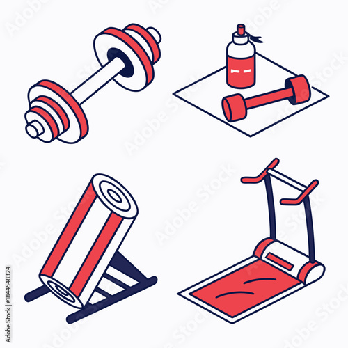 Red and blue isometric fitness equipment icons dumbbell
