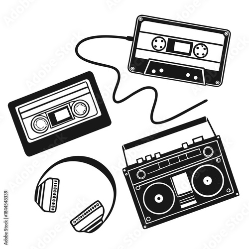 Retro cassette tapes headphones and boombox illustration