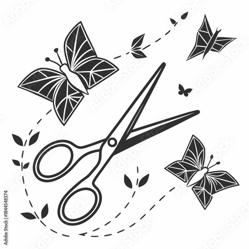 Scissors cutting out paper butterflies and leaves origami