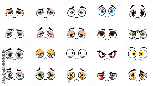 Set of vivid cartoon eyes depicting a spectrum of human emotions, including joy, sorrow, anger, and confusion, ideal for animated characters and expressive design elements
