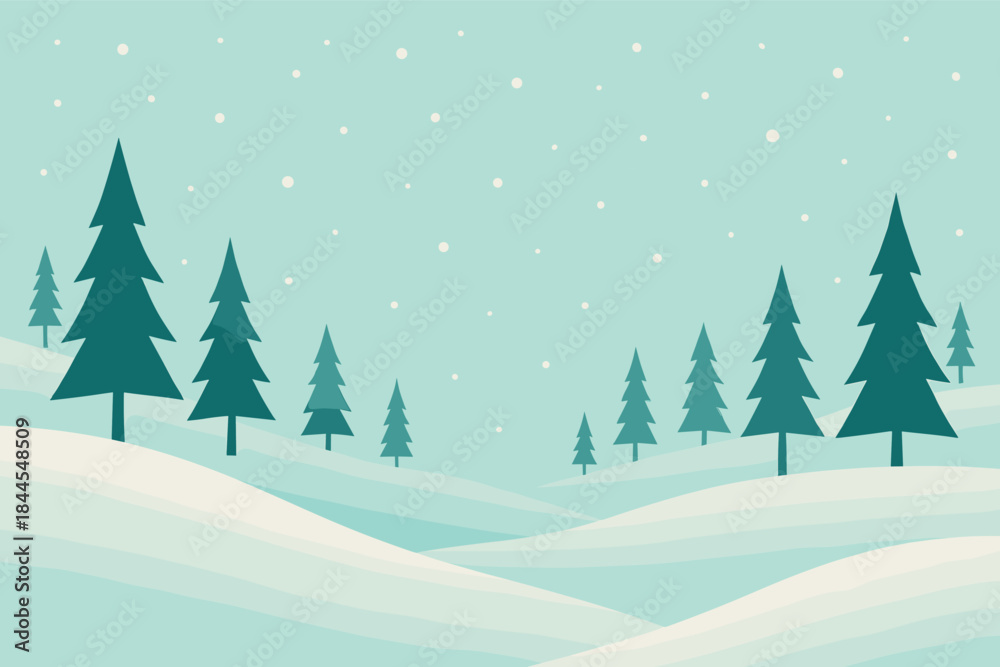 Obraz premium minimalist winter landscape in pastel mint tones: light turquoise sky with light snowfall, rolling snow-covered hills, silhouette of a coniferous forest with dark green stylized fir trees