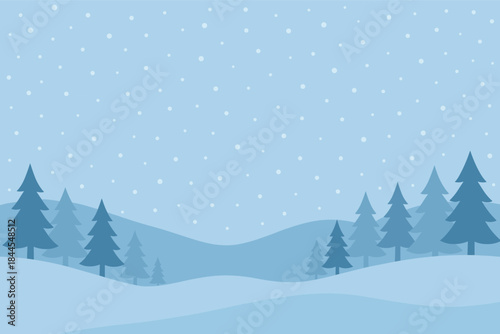 A tranquil, minimalist winter landscape of a coniferous forest in pastel blue tones: snow-covered rolling hills against the backdrop of the sky, with light snow falling evenly. 