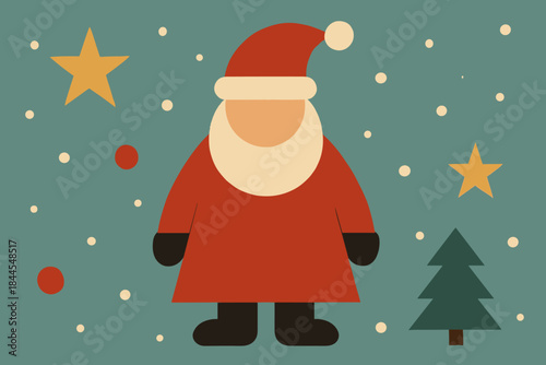 Cute minimalist Christmas illustration in flat design style: stylized Santa Claus on a background with falling snow effect.