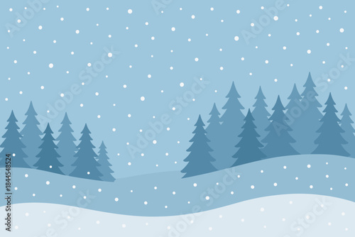 A tranquil, minimalist winter landscape of a coniferous forest in pastel blue tones: snow-covered rolling hills against the backdrop of the sky, with light snow falling evenly. 