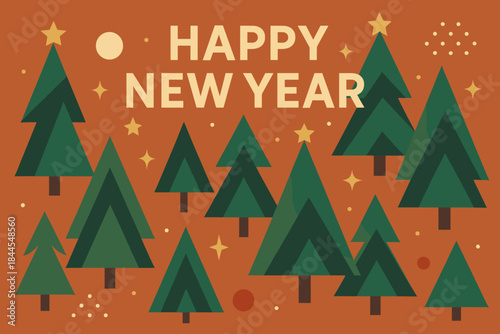 A bright and stylish New Year's card in a modern minimalist style! A forest of stylized dark green fir trees of various heights and shapes (some triangular, some multi-tiered).